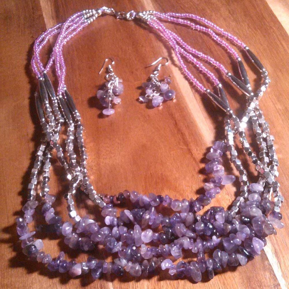 Amethyst Chips Multi-Strand Dangle Earrings and Multi-Strand Necklace (24 Inch)